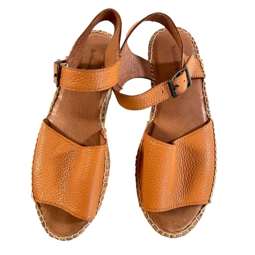 Soludos‎ Womens Tan Pebbled Leather Ankle Strap Espadrille Sandals Size 7.5 Flat